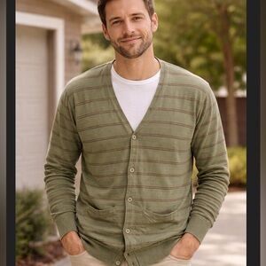 Standard Cloth Men’s Lightweight Cardigan Large Striped Green casual Cotton